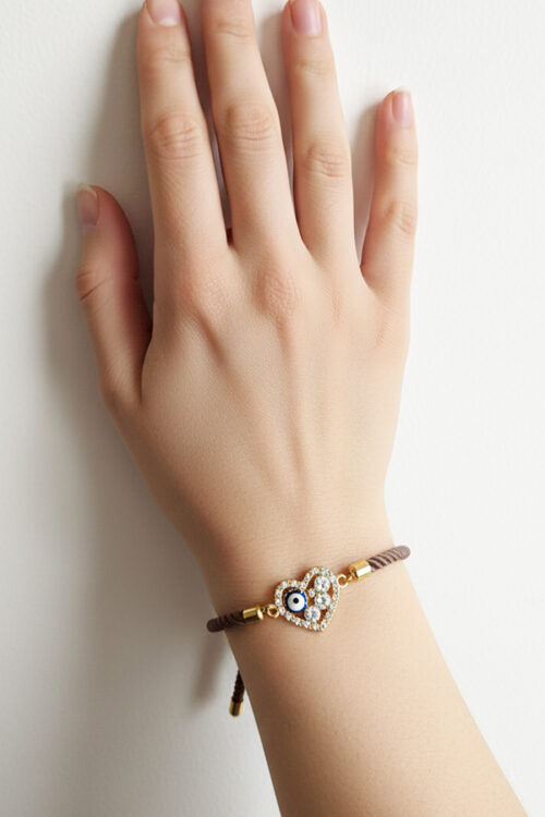 Adjustable Mocha Brown Cord Bracelet with Crystal Heart & Evil Eye