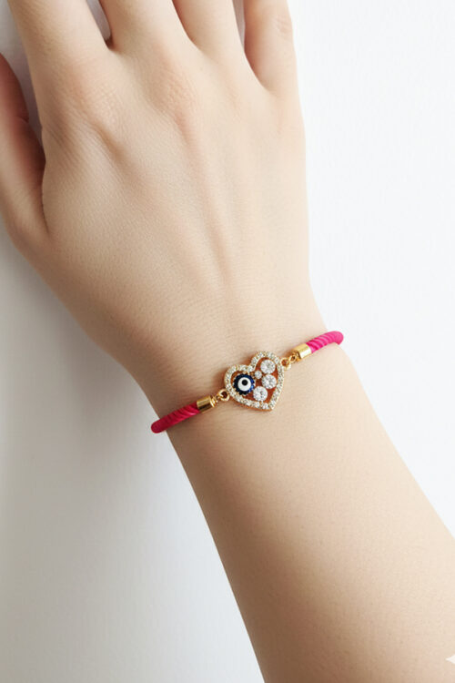 Adjustable Pink Cord Bracelet with Crystal Heart & Evil Eye