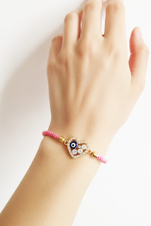 Adjustable Hot Pink Cord Bracelet with White Enamel Evil Eye