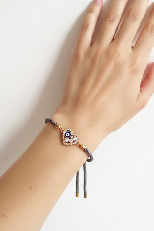 Sparkle Heart Evil Eye Protection Bracelet with Adjustable Grey Rope Strap