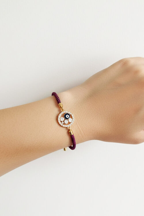 Round Crystal Evil Eye Adjustable Bracelet - Royal Purple & Gold Cord