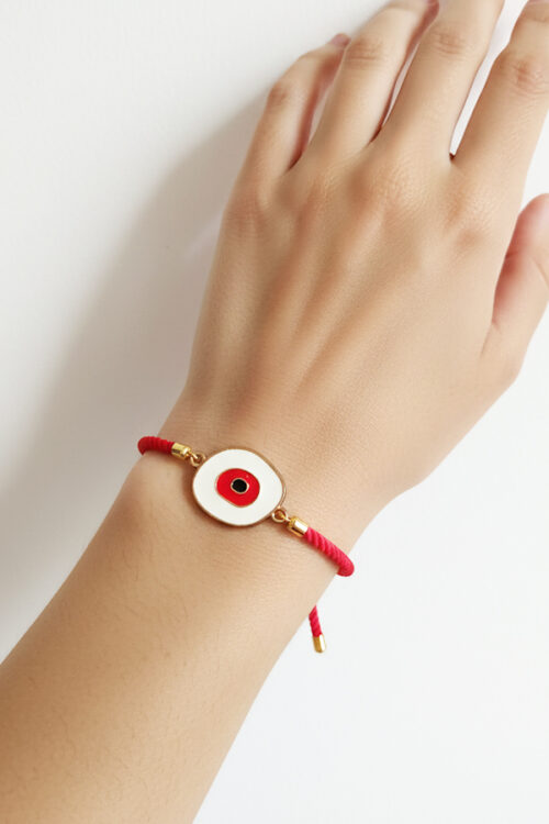 Vibrant Red Twisted Cord Evil Eye Bracelet – Adjustable Gold-Tone Enamel Charm for Good Luck & Protection