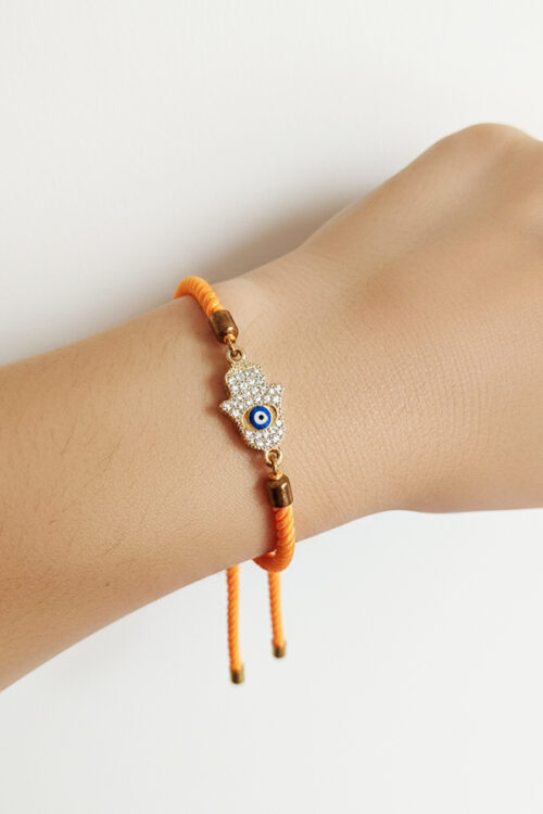 Vibrant Orange Twisted Cord Hamsa Hand Bracelet – Adjustable Gold-Tone Crystal Charm for Protection