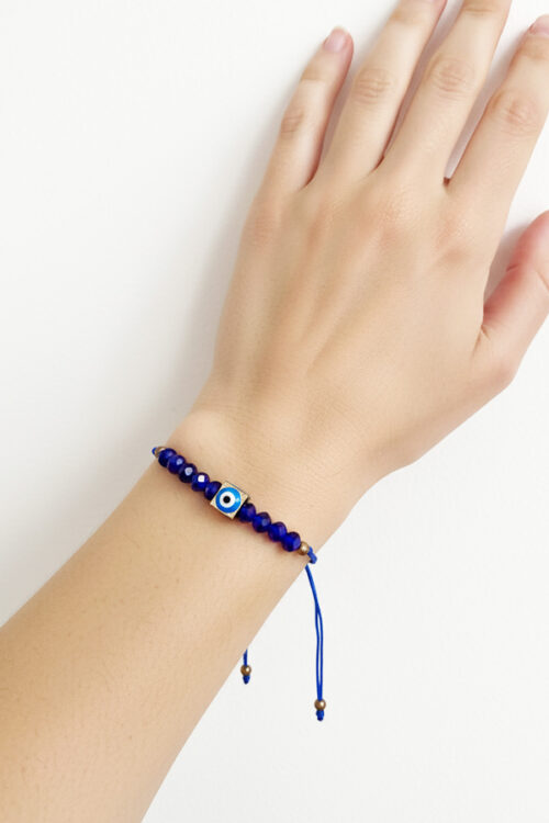 Blue Beaded Evil Eye Cord Bracelet - Adjustable Square Charm Protection Jewelry