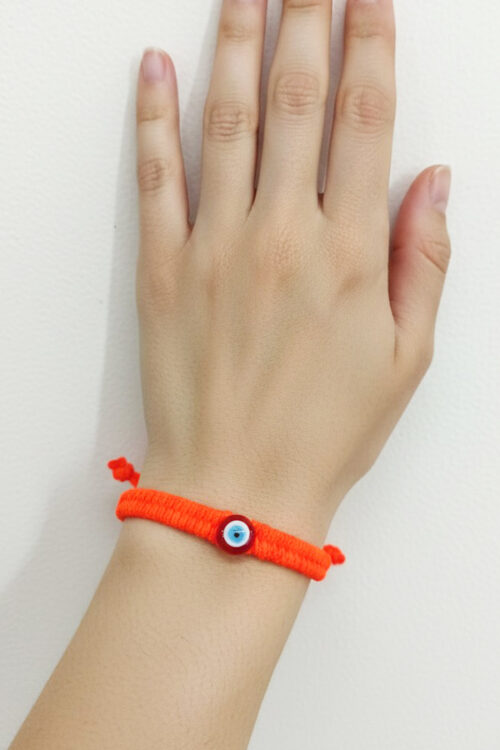 Vibrant Orange Macramé Evil Eye Bracelet - Woven Thread with Glass Bead (3 Piece)
