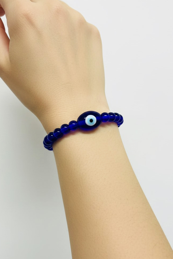 Royal Blue Beaded Bracelet with Oversized Evil Eye