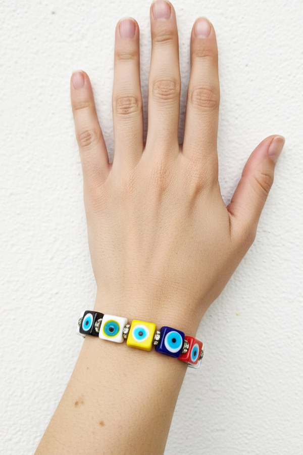Geometric Crystal-Accented Evil Eye Bracelet Multicolored