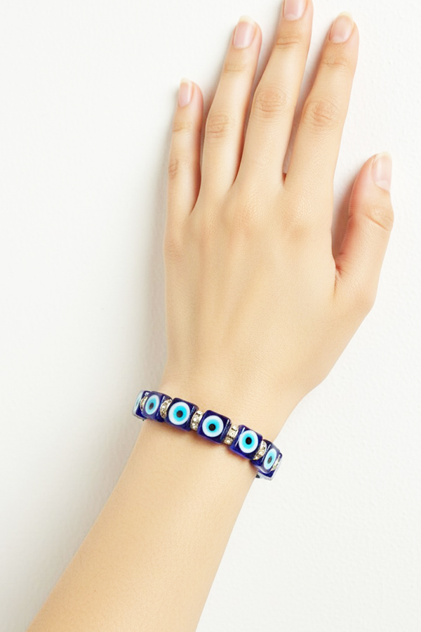 Cobalt Blue Cube Evil Eye & Crystal Accent Bracelet