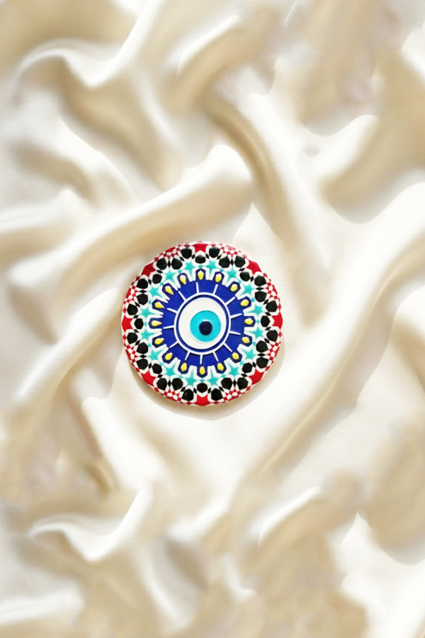 Rustic Geometric Mandala Evil Eye Ceramic Coaster