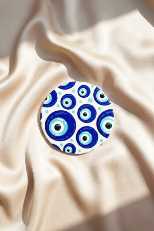 Whimsical Floating Evil Eye Ceramic Coaster – Vibrant Blue & White