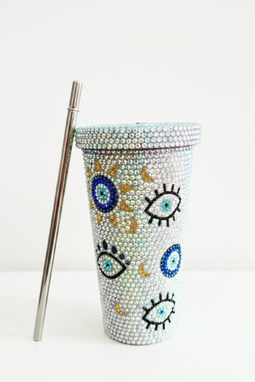 Dazzling Rhinestone Evil Eye & Celestial Tumbler with Stainless Steel Straw