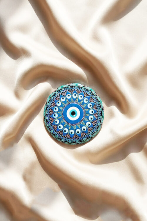 Classic Blue Evil Eye Coaster with Intricate Scrollwork Design