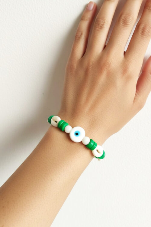 Green Heishi, Cowrie Shell & Evil Eye Bracelet