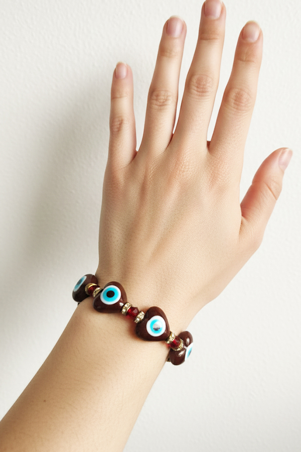 Chocolate Brown Heart Evil Eye & Red Crystal Bracelet