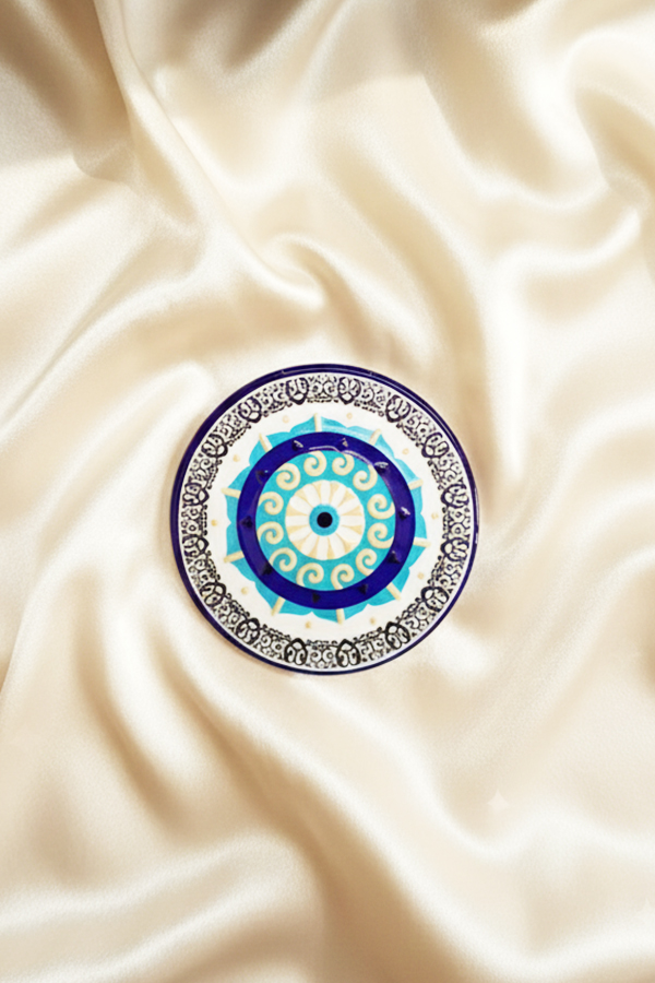 Classic Round Ceramic Evil Eye Coaster with Greek Key Rim