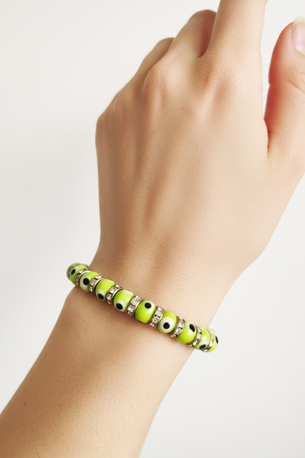 Vibrant Green Evil Eye & Rhinestone Sparkle Bracelet
