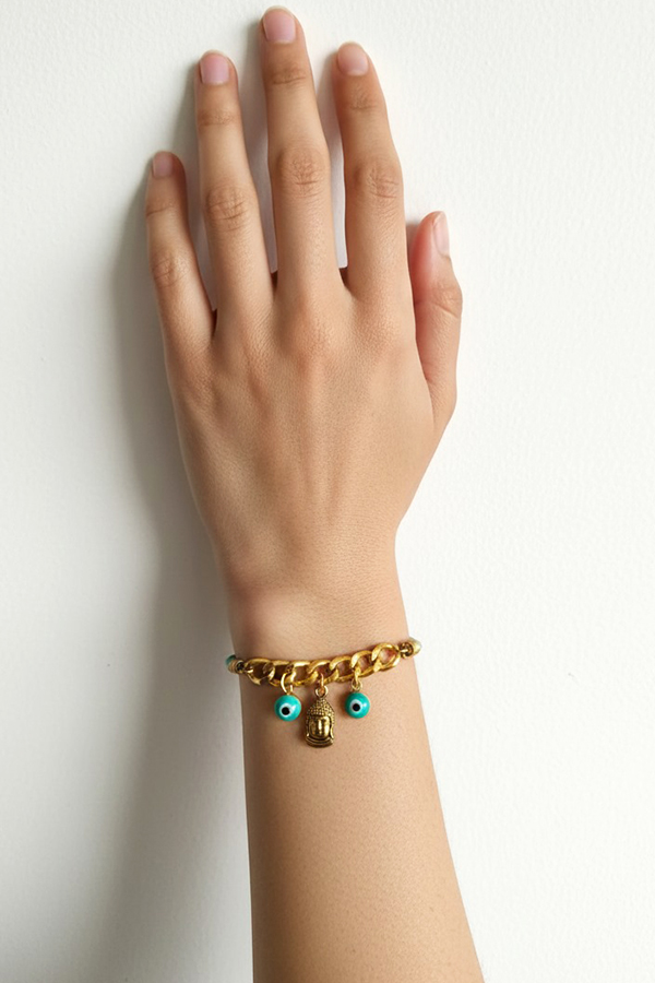 Turquoise Cord, Buddha & Evil Eye Gold Charm Bracelet
