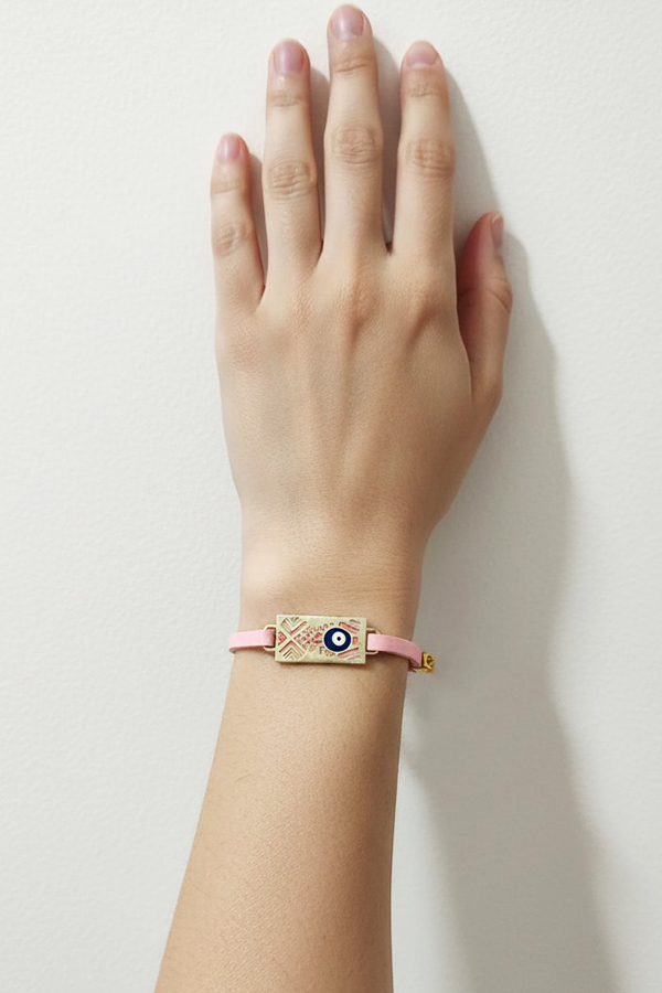 Pink Leather-Style & Gold Geometric Evil Eye Bracelet