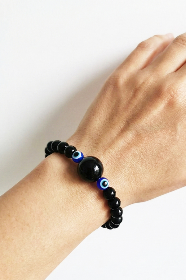 Sleek Black Onyx-Style Evil Eye Bracelet – Dual Protection Amulet