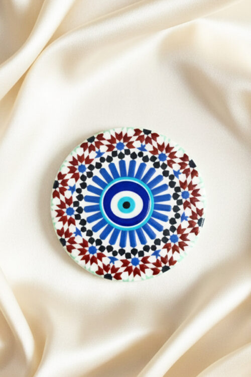 Rustic Geometric Mandala Evil Eye Ceramic Coaster