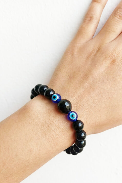 Midnight Black Evil Eye Protection Bracelet – Faceted Onyx-Style