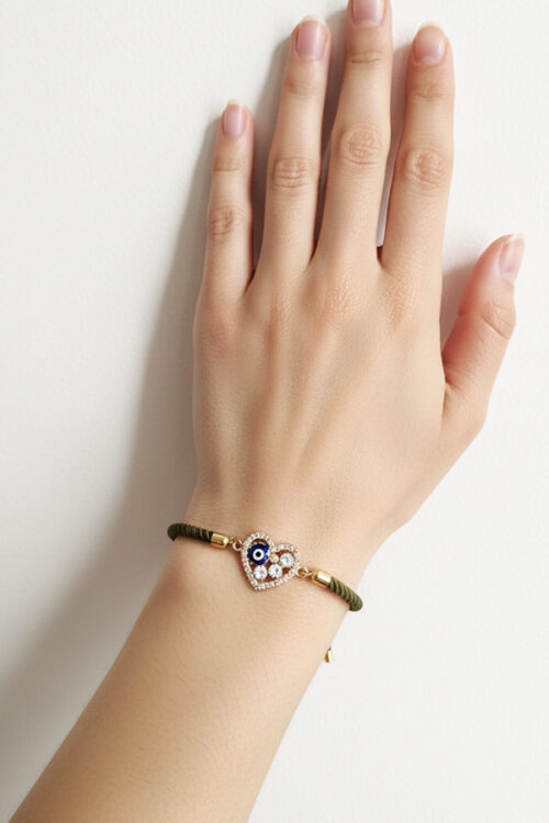 Olive Green Twisted Cord Evil Eye Heart Bracelet