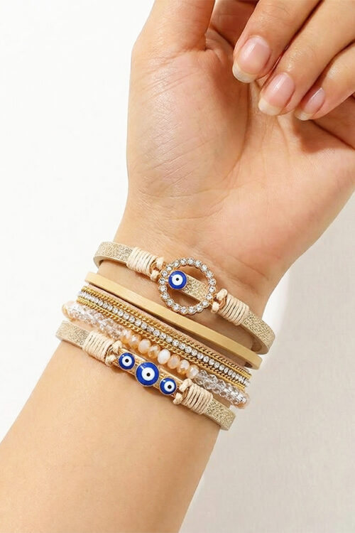 Beige Stacked Bracelet with Crystal Evil Eye Charms
