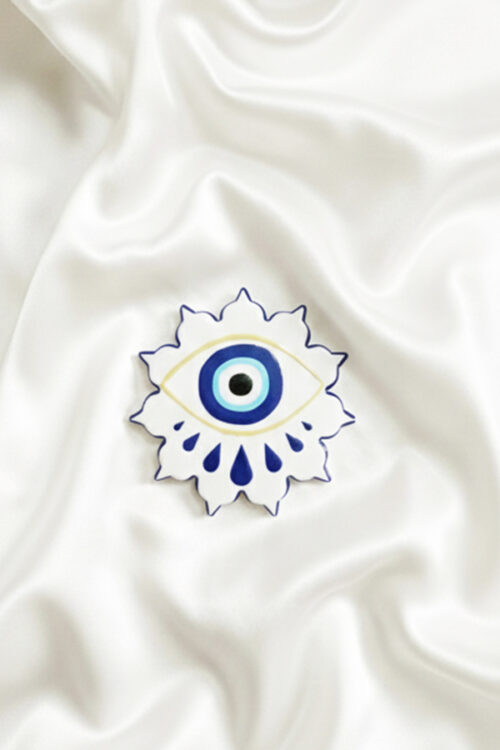 Whimsical Floating Evil Eye Ceramic Coaster – Blue & White