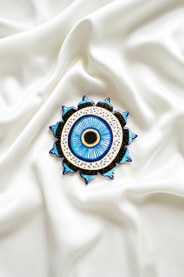 Artistic Round Ceramic Evil Eye Coaster with Ornate Spiral Design