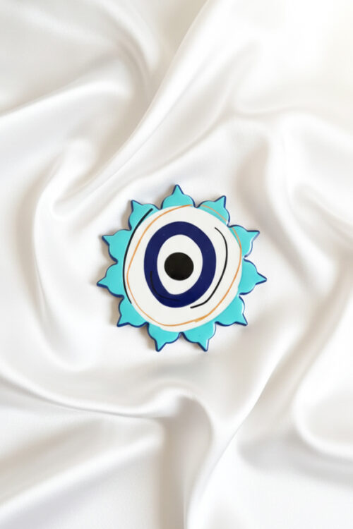 Modern Stylized Evil Eye Coaster in Deep Blue & Yellow