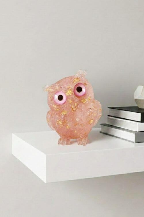 Mystical Pink Crystal-Look Owl Showpiece with Gold Flakes & Evil Eye Protection