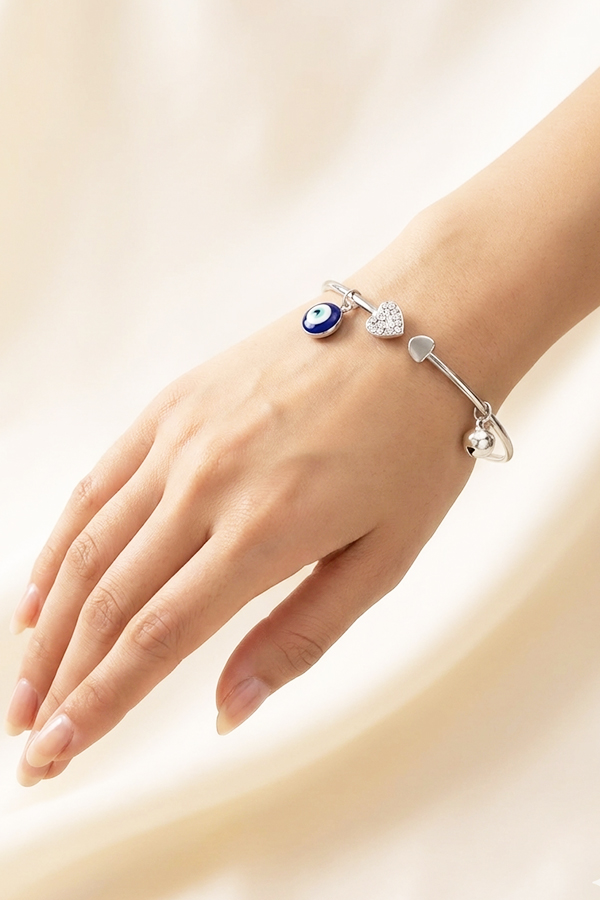 Silver-Toned Adjustable Bangle with Evil Eye & Crystal Heart