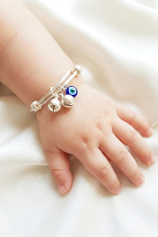 Adjustable Silver Baby Nazariya Bangle with Evil Eye (Pair)