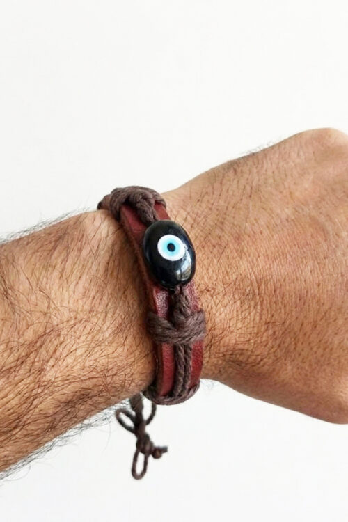 Rustic Brown Leather & Rope Braided Men's Bracelet with Black Evil Eye