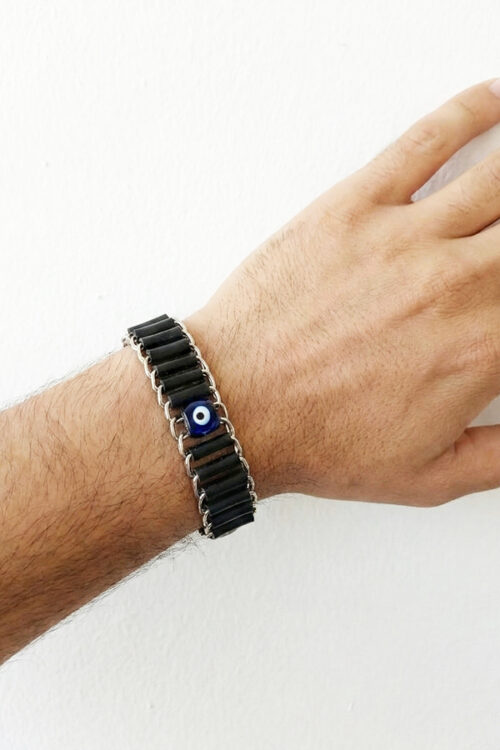Men’s Black Leather & Metal Link Bracelet with Blue Evil Eye Protection