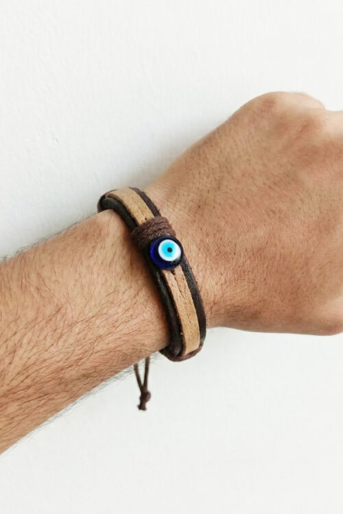 Men's Adjustable Layered Leather Bracelet with Antique Evil Eye Charm