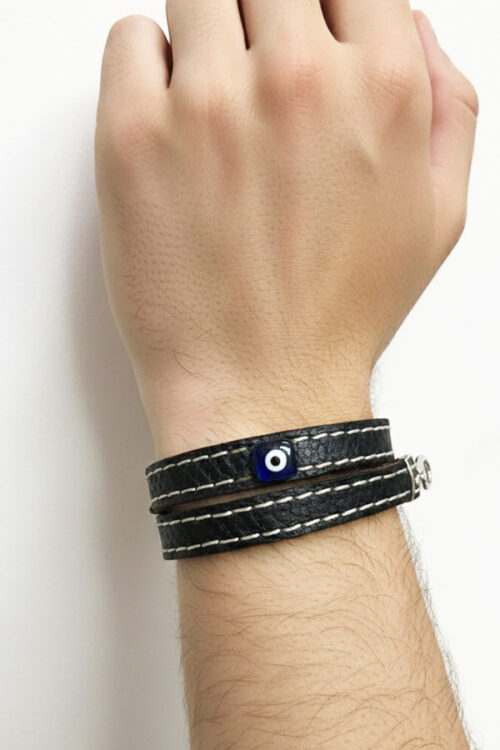 Men's Black Leather Wrap Bracelet with Contrast Stitching & Square Evil Eye