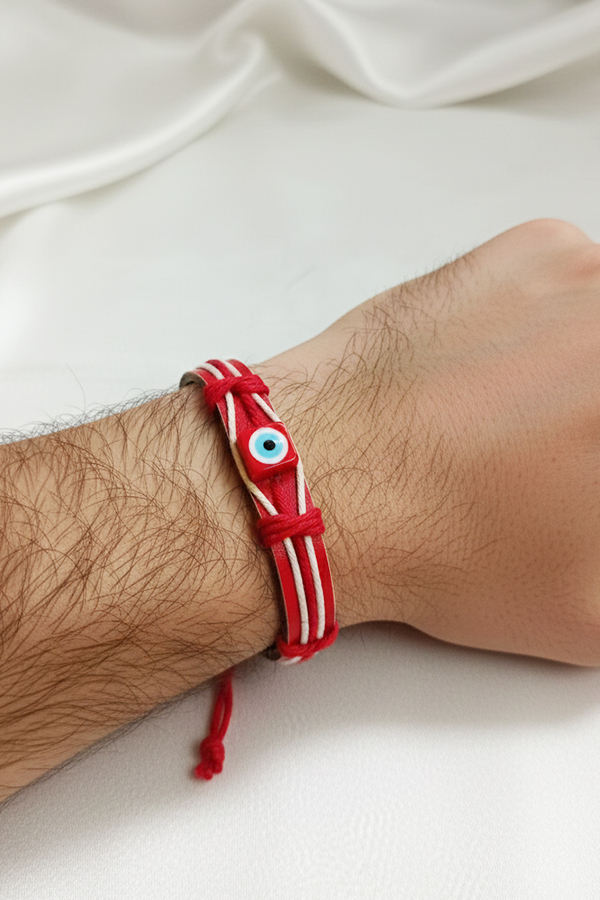 Men’s Red Leather & Cord Bracelet with Square Evil Eye Charm