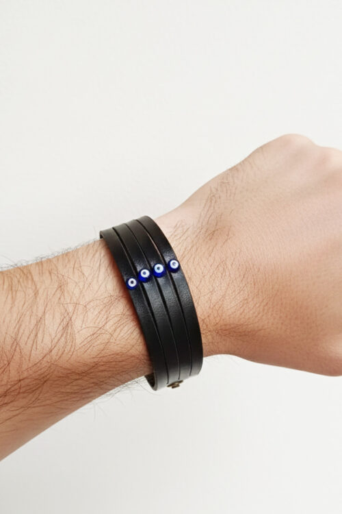 Men's Sleek Black Leather Bracelet with Trio of Evil Eye Accents