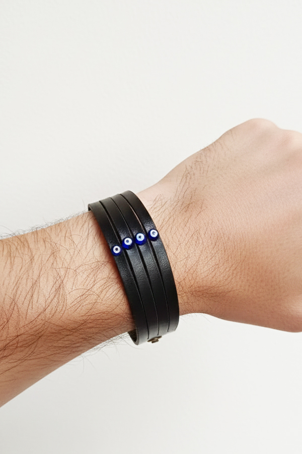 Men's Sleek Black Leather Bracelet with Trio of Evil Eye Accents