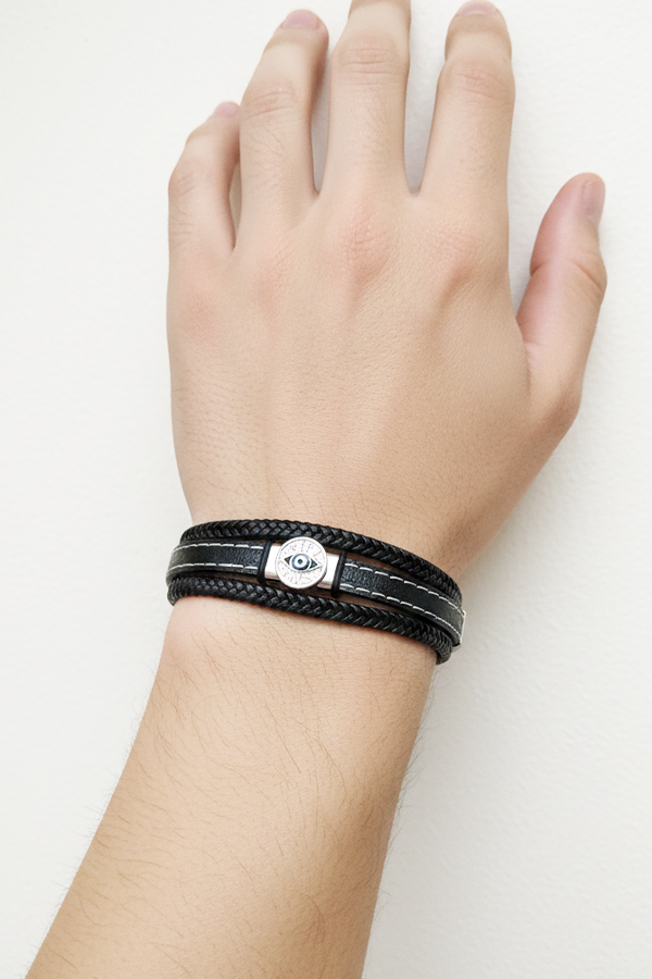 Men's Multi-Strand Braided Leather Bracelet with Pavé Crystal