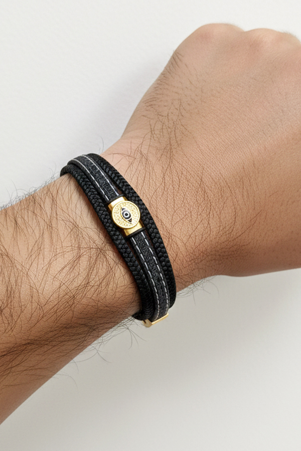 Men’s Multi-Strand Black Woven Bracelet with Gold Evil Eye Charm