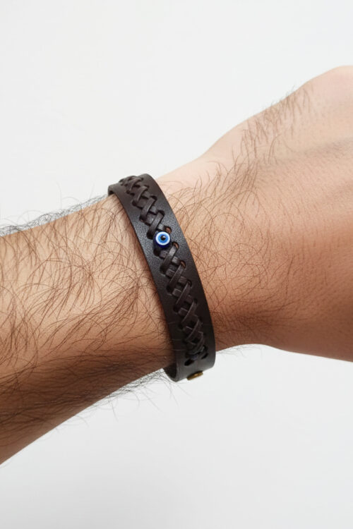 Men's Braided Brown Leather Cuff with Antique Evil Eye Talisman