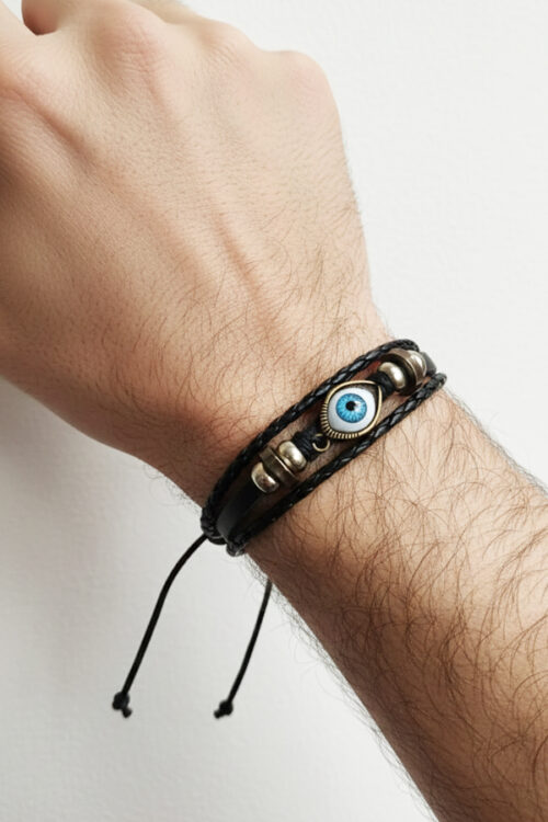 Men's Multi-Strand Black Leather Bracelet with Antique Evil Eye & Braided Detail