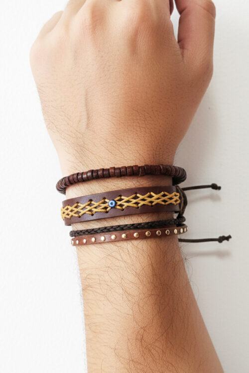 3-Piece Men’s Leather, Wood & Evil Eye Bracelet Stack