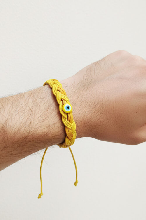 Men’s Vibrant Yellow Braided Leather Bracelet with Evil Eye Bead