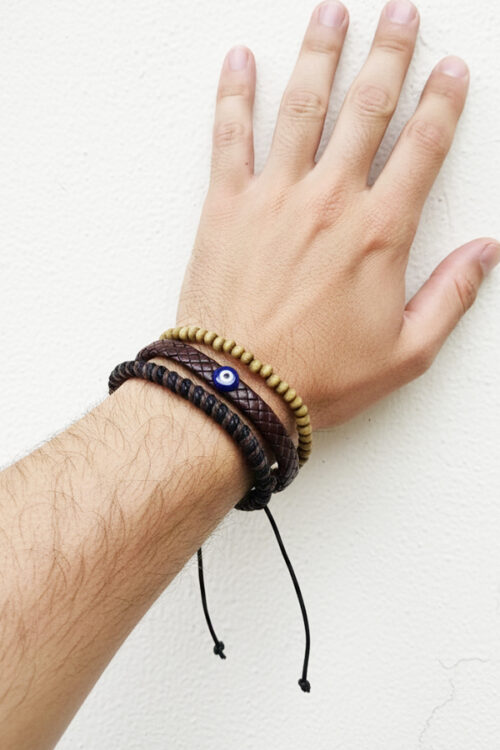 Men's 3-Piece Stackable Bracelet Set with Evil Eye & Wood Beads