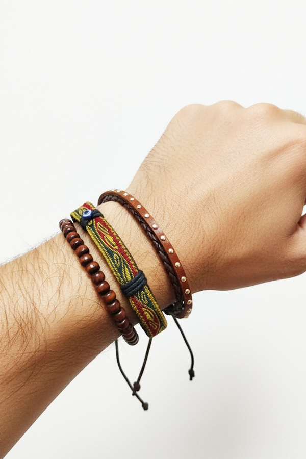 3-Piece Men’s Bracelet Stack with Woven Fabric Inlay & Evil Eye