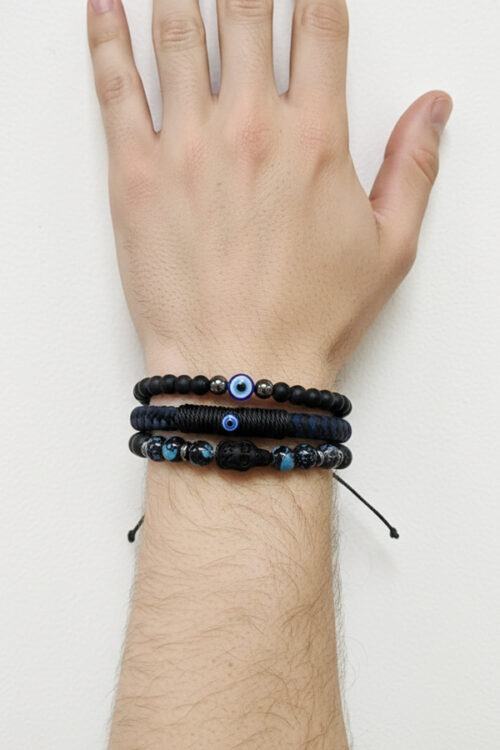3-Piece Men’s Blue & Black Beaded Bracelet Stack with Evil Eye & Skull