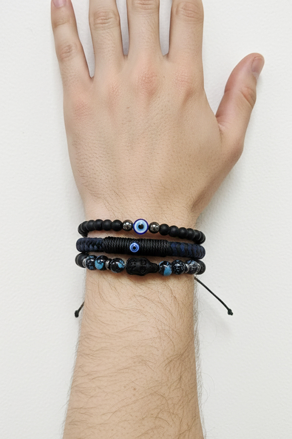 3-Piece Men’s Blue & Black Bracelet Stack with Evil Eye & Skull